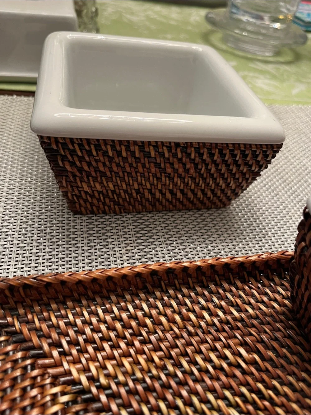 Williams Sonoma White Ceramic Triple Server with Woven Tray